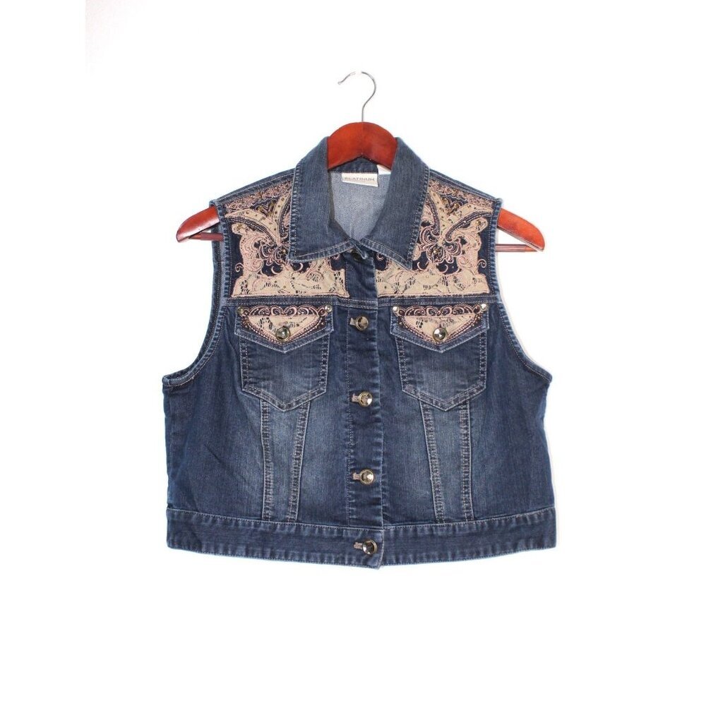 Chico‎ Platinum Denim Vest Women's 1 (M) Blue Washed Stretch Denim Embellished